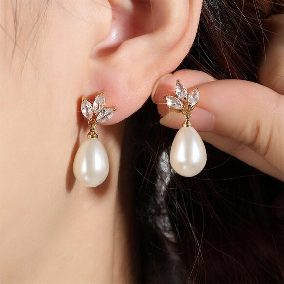 🆕 Women Gold Trendy Pearl Drop Dangle Earrings Cubic Zirconia Brides Jewelry - Picture 2 of 6